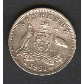 AUSTRALIA 6 Pence 1951 PL AG