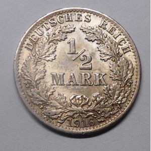 GERMANY EMPIRE 1/2 Mark 1916 A