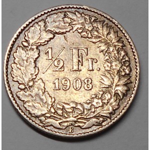 SWITZERLAND 1/2 Franc 1908 AG