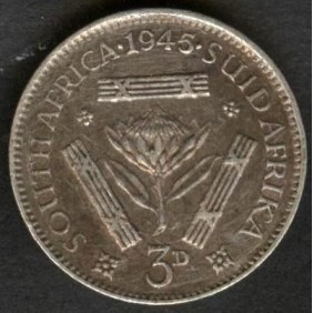 SOUTH AFRICA 3 Pence 1945 AG
