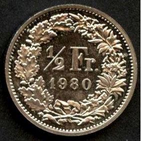 SWITZERLAND 1/2 Franc 1980...