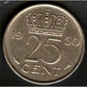 NETHERLANDS 25 Cents 1950