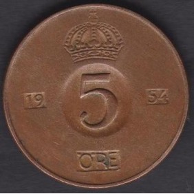 SWEDEN 5 Ore 1954