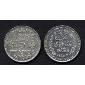 TUNISIA 5 Francs AH 1355...