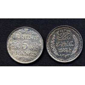 TUNISIA 5 Francs AH 1353...