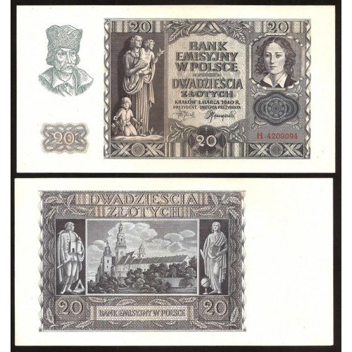 POLAND 20 Zlotych 1940